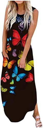 Jiabing Ženska ležerna haljina bez rukava duga haljina cvjetno tiskovina Split Maxi haljine ljetni tenka haljina s džepovima