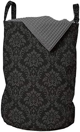 Ambesonne crno-siva torba za veš, procvat tradicionalnog Damast stila sa cvetnim detaljima, korpa za korpe sa ručkama zatvaranje Vezica za pranje veša, 13 x 19, siva Taupe siva