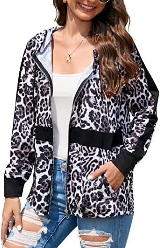 Kojooin ženske leopardne jakne dugih rukava casual s kapuljačom s kapuljačom Basic Tops Patchwork patentna jakna sa džepovima