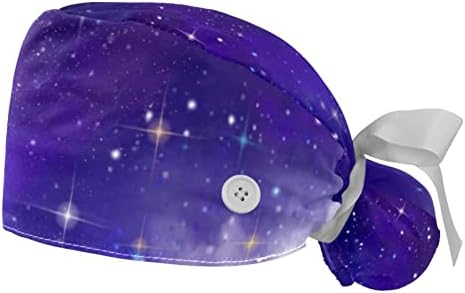 2 PCS medicinska sestra piling kapice Žene duge kose, kosmički zvjezdani nebo Galaxy podesiva radna kapa s gumbom i dunkom