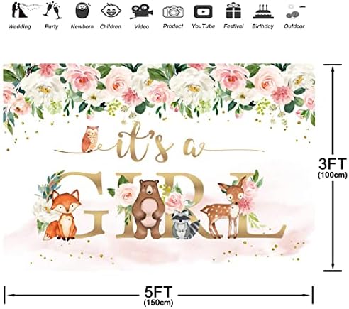 Aperturee It's a Girl Woodland Animals baby shower Backdrop 5x3ft Jungle Animals akvarel Pink Floral Flower Photography Background newborn Party Decorations Photo Booth Studio Props Banner Supplies
