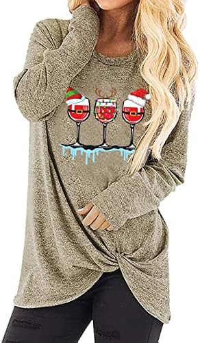 Žene Fall vrhovi Knot dizajn kautl vrat dugačak duks božićni tisak ukupne majice s dugim rukavima za djevojčice