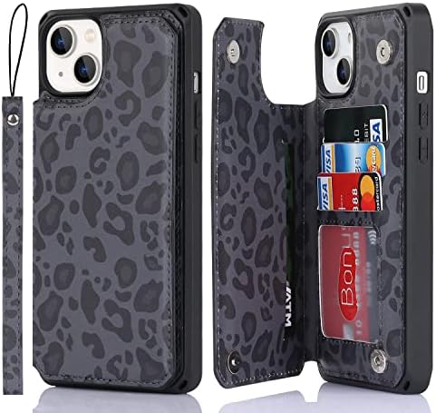 Kavor za iPhone 14 novčanik s držačem kartice, [s remenom] Leopard zrno puni tjelesni otporan na udarce za zaštitu kućišta s kreditnim karticama Slots Slots futrola za žene za žene - crna