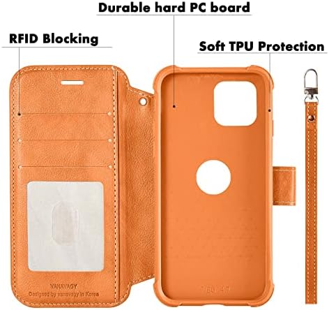 VANAVAGY iPhone 13 Pro torbica za novčanik Magsafe, kožna Flip Folio Navlaka za telefon podržava Magsafe i bežično punjenje sa držačem RFID blok kartice i narukvicom, narandžasta