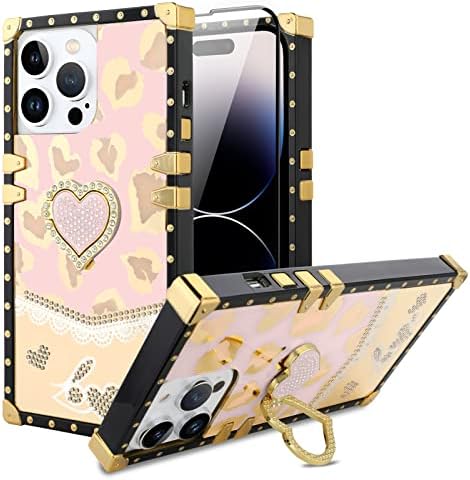 Leomakron za iPhone 14 Pro Square CASE s dijamantskim postoljem Stickstand Elegant Leopard Case Slatka ljubav