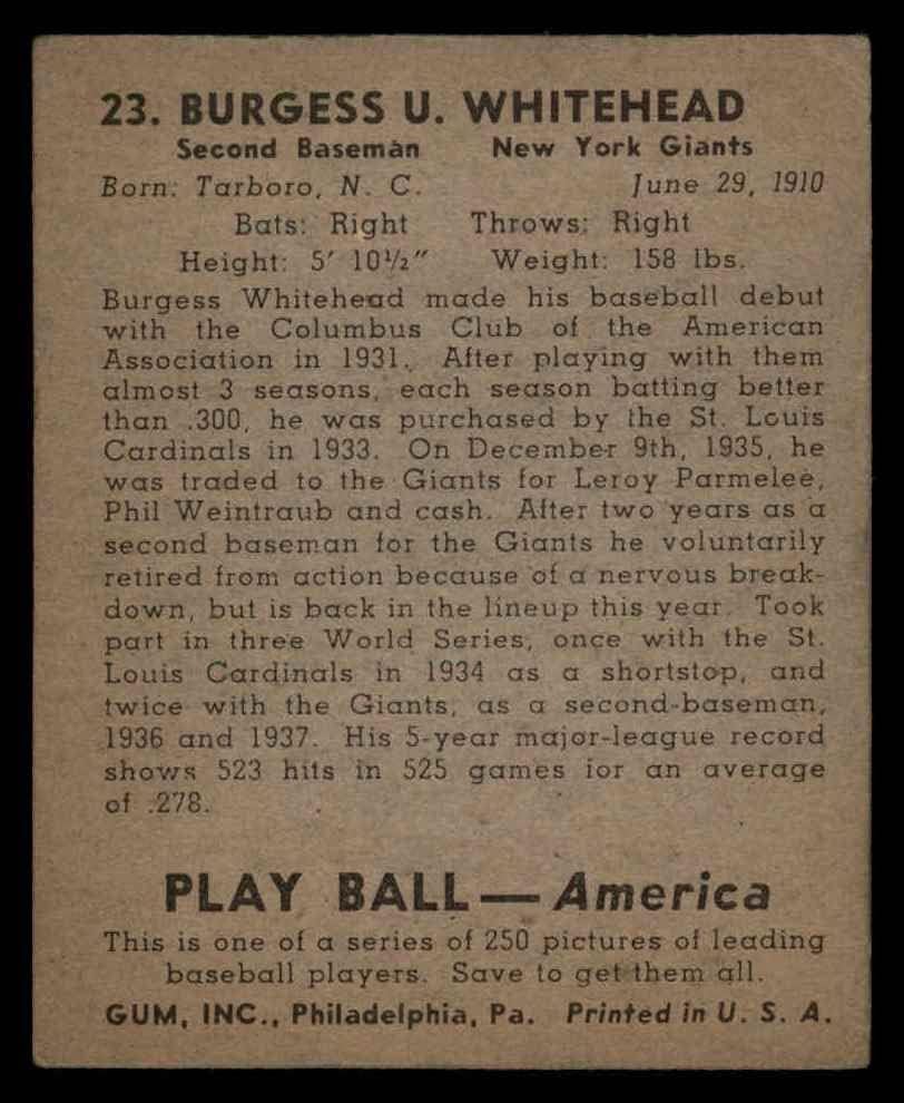 1939 Igraj Ball 23 Burgess Whitehead New York Giants VG Giants