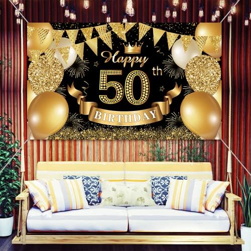 Sretan 50. rođendan pozadina Banner,50 godina rođendan dekoracije potrepštine za zabavu crne i zlatne dekoracije