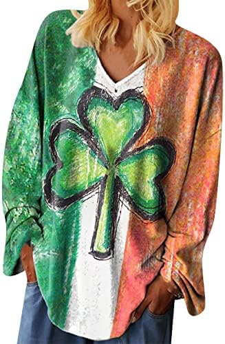 Ying Weens St. Patricks Dan Prevelizirani duks shamrock tiskani košulje dugih rukava V Clover Clover Pulover vrhovi