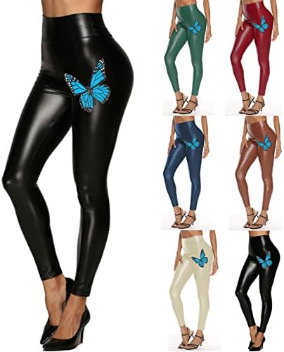 Ženske rastezljive hlače od umjetnih kožnih gamaša, seksi leptir print visokih struka plus veličine sjajnih