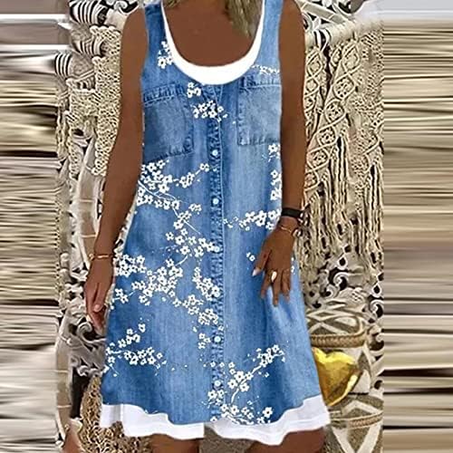 Ženska ljetna midi haljina bez rukava bez rukava traper izgled cvjetnog ispisa labava haljina na plaži
