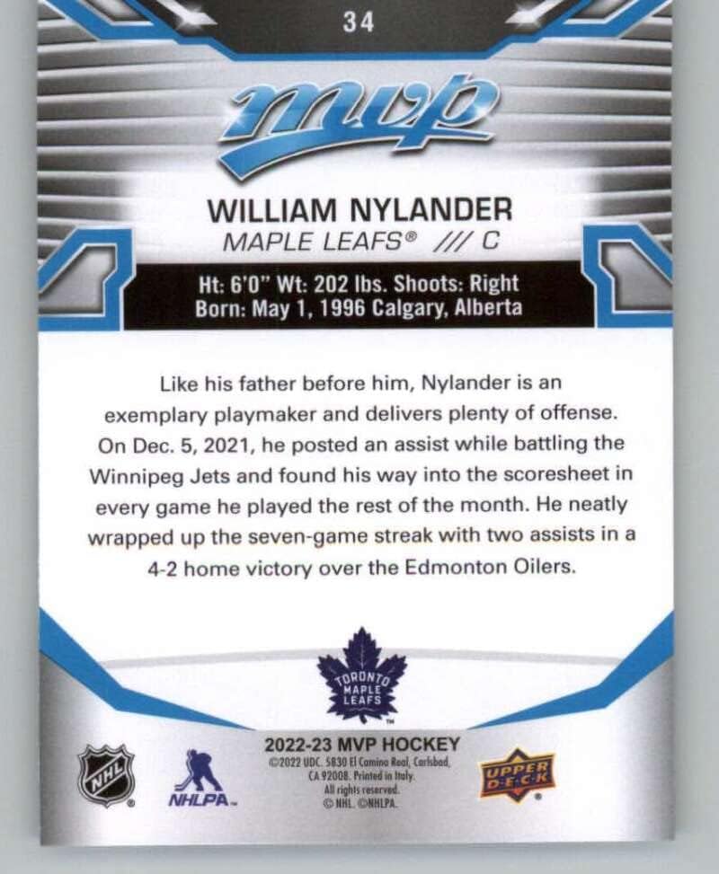 2022-23 Gornja paluba MVP 34 William Nylander Toronto javorov list NHL hokejaška trgovačka kartica