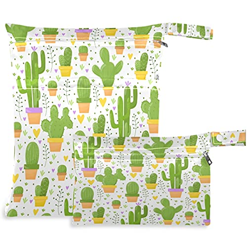 Vissunny Green Cactus Heart 2pcs mokra torba sa džepovima sa zatvaračima koji se može zamijeniti rodna torba