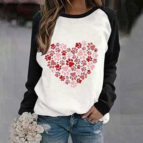 Ženski duksevi za Dan zaljubljenih mačka šapa srce štampa duge rukave bluze Top Casual Splicing pulover