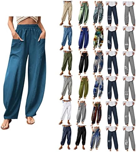 NDVYXX lanene pantalone za žene Casual elastični struk štampane pantalone sa širokim džepovima 2023 Summer