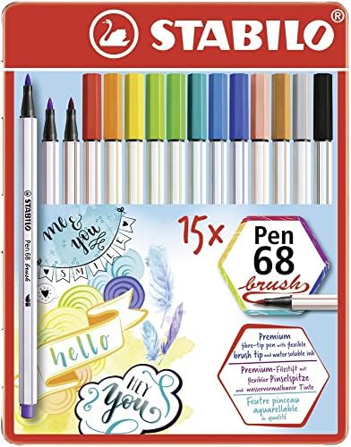 Stabilo Premium vlakno olovka sa vrhom četkica Pen 68 četkica - Tin od 15 - različite boje