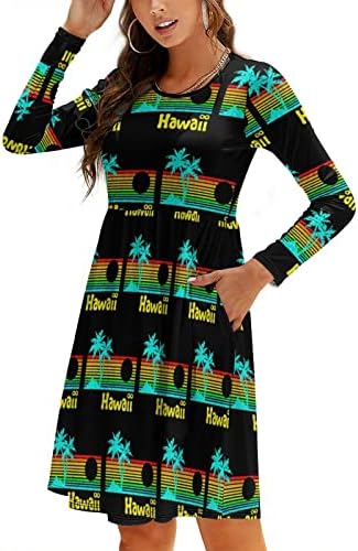 80s Retro Vintage Havaji ženske haljine duge rukave vrećaste haljine Casual Swing Tshirt haljine sa džepovima