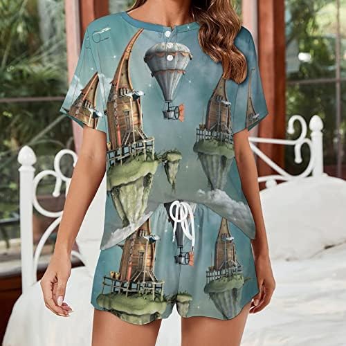 Fantasy Flying Town sa balonom za žene 2pcs Sleepwear Set Casual pidžama Tee Shirts i Shorts Home Service