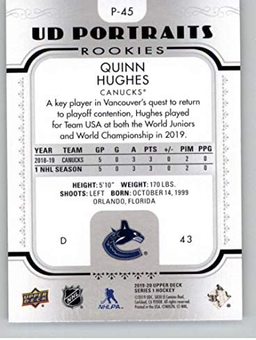2019-20 Portreti gornje palube P-45 Quinn Hughes Vancouver Canucks NHL hokejaška trgovačka kartica