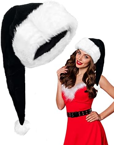 Wakdiz dugi crni Santa šešir za odrasle White Deluxe Santa Božić Crni Božić šešir za Božić tema Nova godina