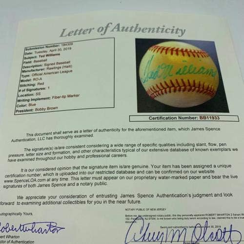 Ted Williams potpisao službenu bejzbol američke lige sa JSA Coa Red Sox - autogramirani bejzbol