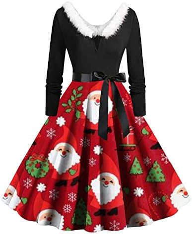 Party maturske haljine za žene Vintage Božić Rockabilly Swing koktel haljina krzneni V izrez Santa Claus