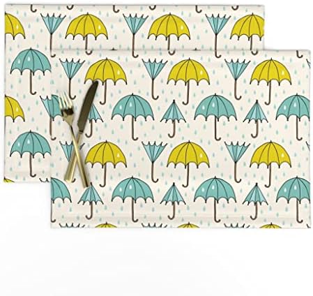 Posteljina pamučna platna Placemats-kišobran dan Kiša Raindrops kapi Baby Chartreuse Teal kišobrani Spol