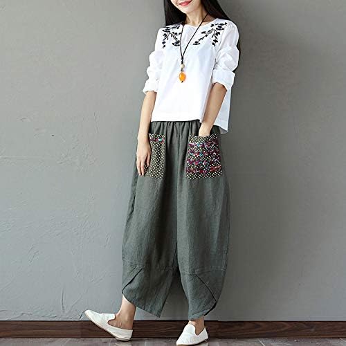 UKTZFBCTW široke noge harem pantalone Kineski stil žene etničke patchwork elastične struke labave duge joge hlače kaki 3 m
