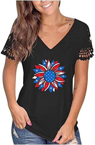 Dnevna košulja za žene 4. jula majica Slatka suncokretov čipka Šuplja kratkih rukava Ljetna USA zastava
