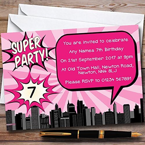 The Card Zoo ružičasti komični superherojski personalizirani dječji pozivnice za rođendan