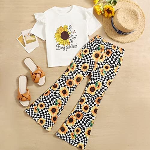 Oyoangle 2kom odjeća za djevojčice sa suncokretovim printom Set kratkih rukava s volanima tee i Flare nogavicama