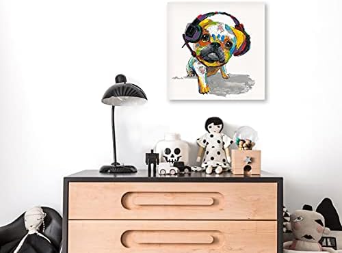 Zid od platnenog psa Mops Art: ručno obojena zidna zidna Umjetnost smiješni pas Mops sluša muziku sa slušalicama