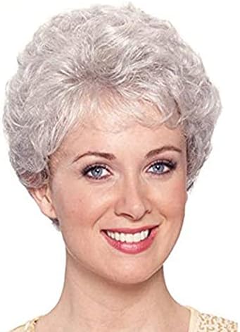 XIUWOUG Bijela Srebrna perika, kratka kovrčava kosa, elegantna, pahuljasta, Pixie perika, prirodan izgled, pogodna za srednje i starije osobe, ženska prirodna kosa za svakodnevnu upotrebu 15 inča