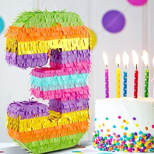 Veliki broj 3 Pinata za djevojčice dekoracija rođendana, Dugina Pinata sa šarenim štapićem za povez i konfetima