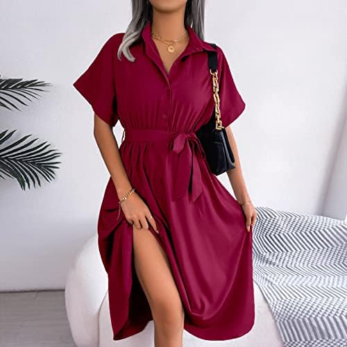 Casual Shirt haljine za žene ljeto trendi čvrsti rever V vrat sa dugmetom kratki rukav visoki struk sa pojasom