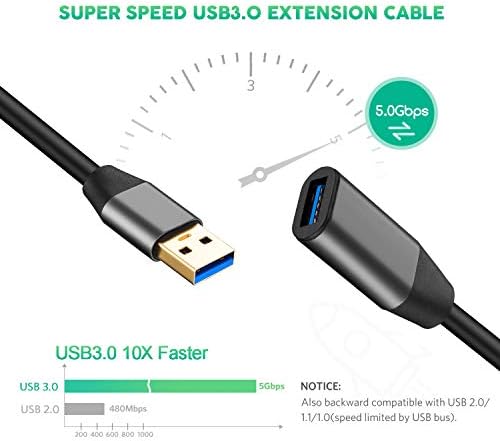 XXONE USB 3.0 Produžni kabl 12ft, Aluminijumska legura USB kabl SuperSpeed USB 3.0 Tip A muški na ženski