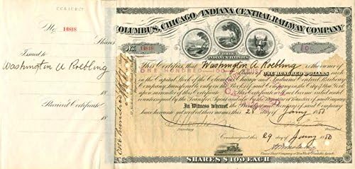 Centralna Željeznica Columbus, Chicago i Indiana izdata i potpisana od strane Washington A. Roebling - Stock
