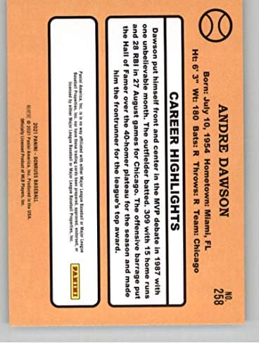 2021 Donruss 258 Andre Dawson 1987 Retro Chicago Cubs Baseball Trading Card