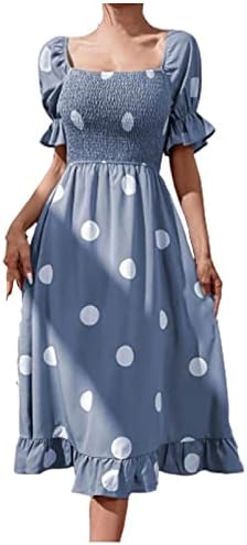 Ženske maxi haljine moda polka točkice midi sunčevši kvadratni ovratnik puff rukava elastična struka ruffle