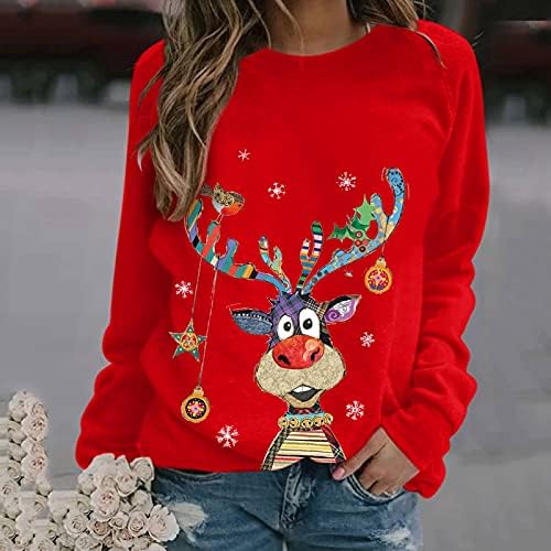 Božićne dukseve za žene s dugim rukavima Slatka Crewneck Xmas Elk grafički pulover Ležerni labavi džemper