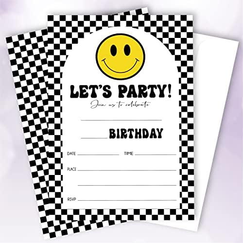 20 seta Preppy Smiley lice za rođendan za rođendane sa kovertama, hajde da zabavimo prepepy karirani dvostrani