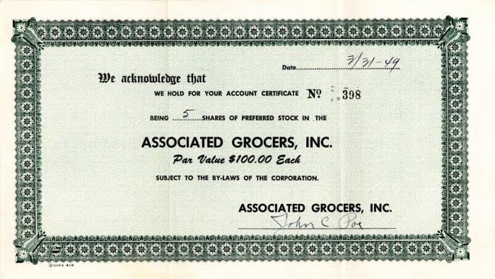 Associated Grocers, Inc. - Certifikat Zaliha