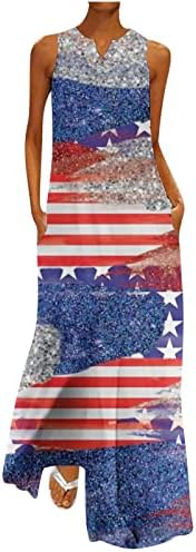 Lmdudan 4. jula Maxi haljina američke zastave ženske ljetne haljine s V-izrezom bez rukava duge haljine