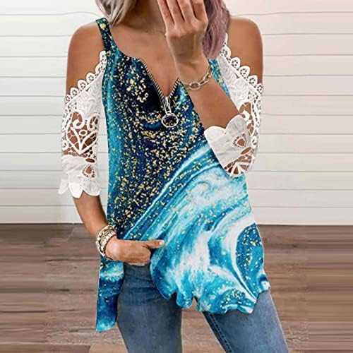Ženske letnje majice čipke 3/4 rukavi hladni rameni tuniki vrhovi Zip Up V vrat mermerni Print duge tunike
