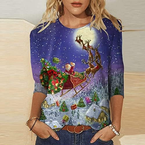 Žene 3/4 Rukav Zimski Vrhovi Casual Božić Holiday Print Crewneck Shirts Modni Labavi Lagani Bluze