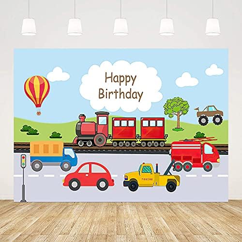 ABLIN 8x6ft dječak sretan rođendan Backdrop transport tema crveni voz prikolica Fire Truck balon plavo nebo