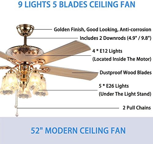 Anfersonlight moderni Stropni ventilator sa 5 reverzibilnih oštrica 5 kompleta mat svjetla i daljinskim