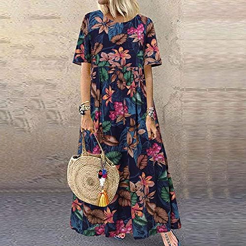 Žene plus veličina O-izrez cvjetni print Vintage kratki rukav Dugi maxi haljina