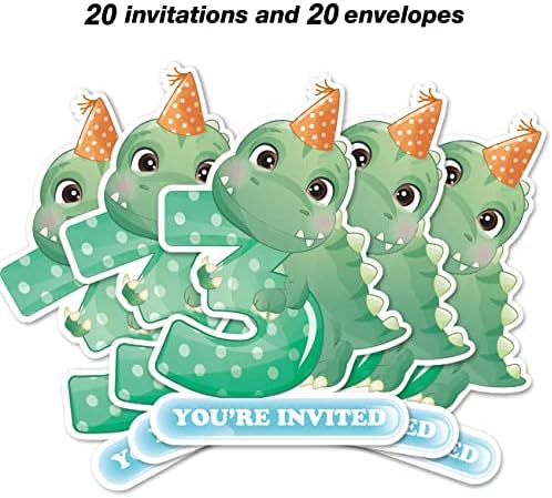Slatki dinosaur 3. pozivnice sa kovertama, 20 set Dinosaur tri oblika pozivnica Treći rođendan Dječji zabava