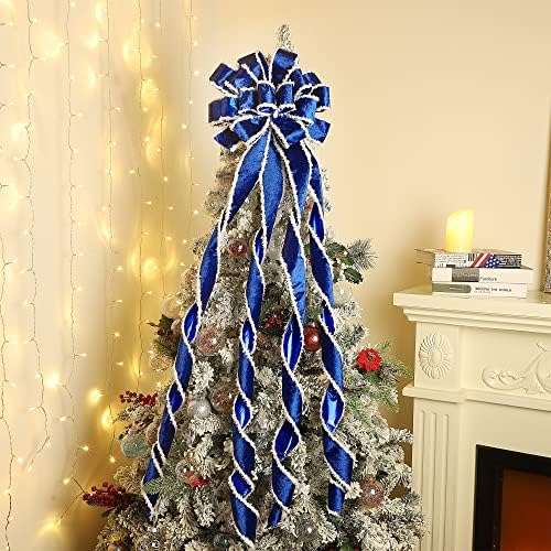 Lulu Početna Christmas TOPPER, 48 x 13 plavi lepršav rub baršunast sa dugim streamerima, ožičeni ivica ukrasni