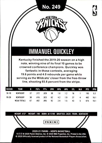 Košarkaška trgovačka kartica NBA 2020-21 Panini Hoops 249 Immanuel Quickley NM u blizini Mint Rc Rookie
